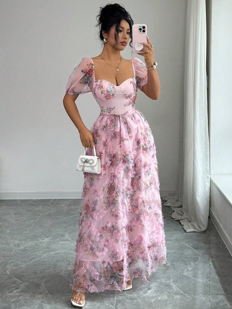 Modelyn 女士刺绣网纱印花腰带优雅浪漫度假连衣裙 - 彩色 - 查看 1