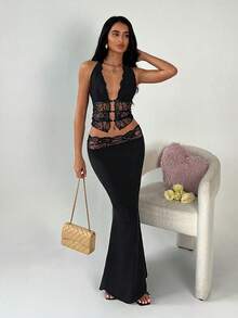 TRNVIE Black Lace V-Neck Backless Spaghetti Strap Camisole & Low Waist Lace Mini Skirt 2-Piece Set, Suitable For Party, Christmas, Valentine's Day, New Year - Black - View 4