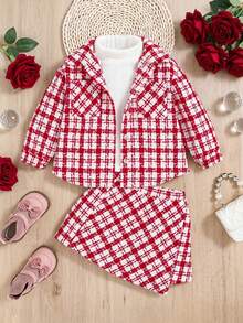SHEIN Baby Girls Plaid Print Flap Pocket Overcoat & Skirt Without Sweater - Red - View 1