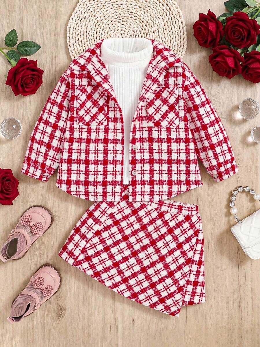 SHEIN Baby Girls Plaid Print Flap Pocket Overcoat & Skirt Without Sweater - Red - View 1