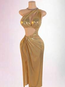 BamGleam Vestido de mujer de moda sexy con diseño metálico y calado - Dorado - Ver 3