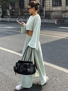 DAZY 2pcs Women Sage Green Autumn Casual Occasion Solid Color Long Sleeve Pullover Shirt And Elastic Waist Split Skirt Elegant Resort Outfit - Green - View 7