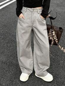 DAZY Women's Loose Solid Color Cargo Pants With Pockets, Casual Street Style, Autumn/Winter Y2k - Grey - View 4