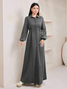 Veilorie 女士休闲纯色收腰长款卫衣连衣裙，适合秋冬季穿着 - 灰色 - 查看 5
