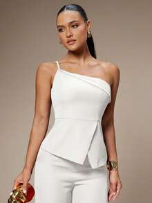 Silquee Conjunto de top de tirantes y pantalones con cuello asimétrico para mujer - Blanco - Ver 3