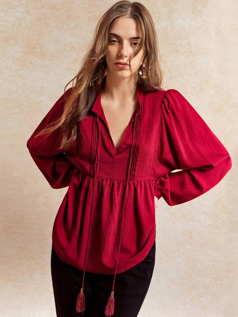 Écloséra 胸前饰有褶裥的休闲衬衫，长袖酒红色衬衫，适合日常穿着，秋冬季节穿着。 - 酒紅色 - 查看 1