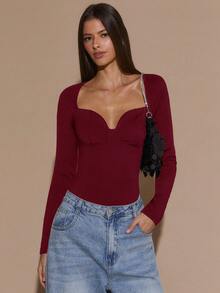 SHEIN BAE 黑色纯色方领修身长袖连体衣，适合毕业典礼、正式场合、鸡尾酒会、浪漫约会、秋冬季打底、派对、夜店、万圣节、圣诞节等场合。 - 酒紅色 - 查看 4