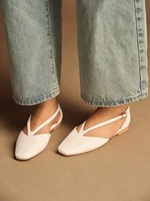 Rosivie Giày bệt nữ thời trang đơn giản, đa năng, màu trơn, kiểu dáng khoét lỗ, có khóa điều chỉnh. - Màu be - Xem 4