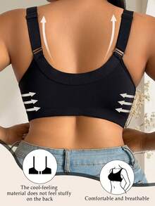 1 pièce Soutien-gorge sans fil en dentelle noir grande taille avec bretelles larges, fermeture éclair frontale confortable - Noir - Voir 2