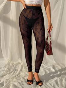 SHEIN EZwear 时尚性感蕾丝网眼女士打底裤 - 黑色 - 查看 5