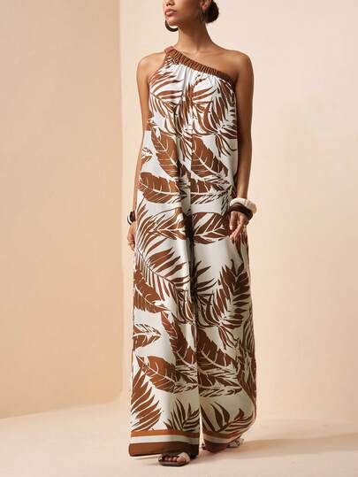 Zivah Bộ jumpsuit hai dây không tay dáng rộng màu đỏ nâu in họa tiết lá cây, hở lưng gợi cảm, ống rộng, hàng mới về mùa Xuân/Hè 2026, jumpsuit màu sắc tươi tắn, thích hợp cho kỳ nghỉ.