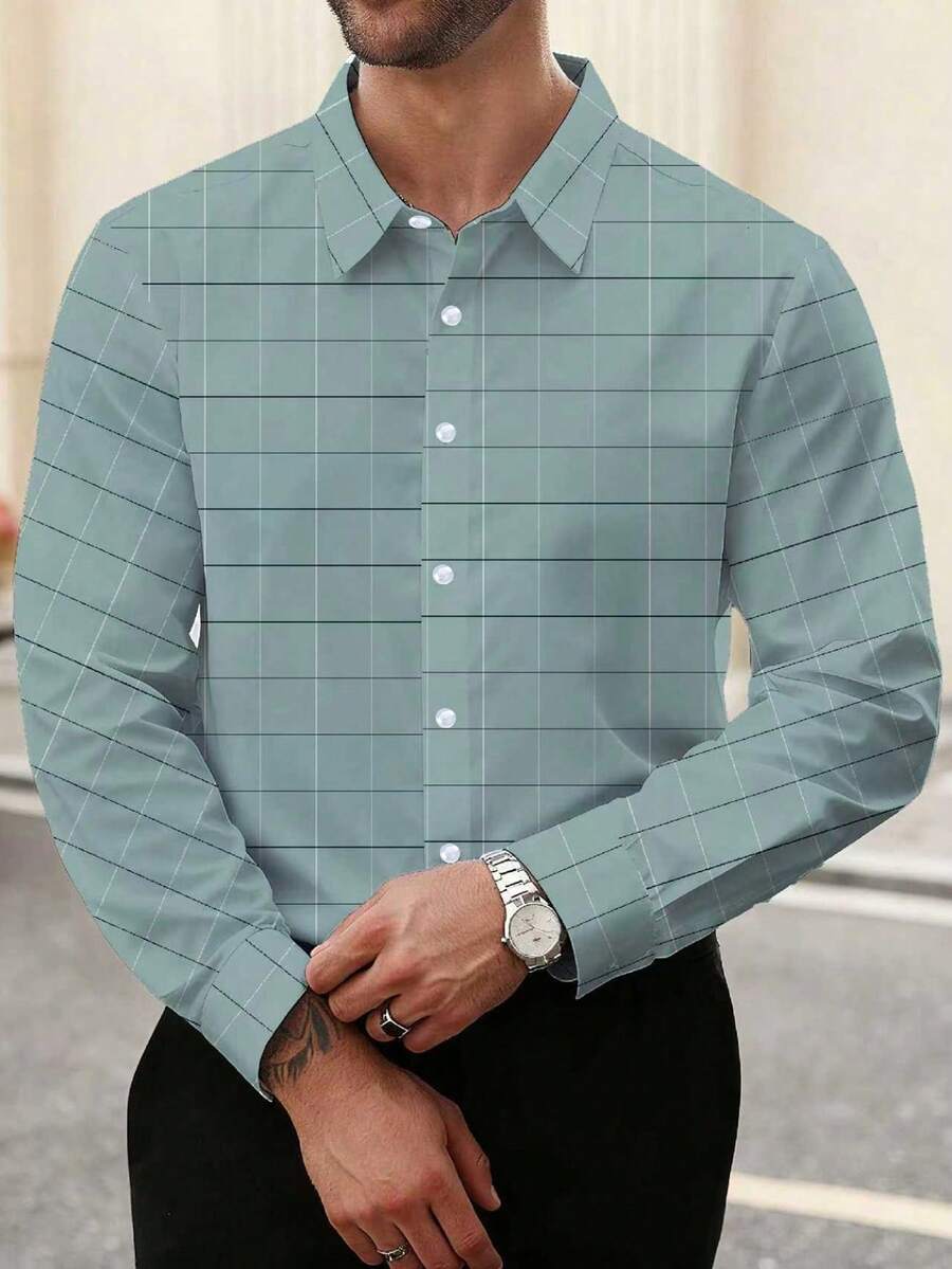 Manfinity Mode Plus Size Men's Casual Plaid Print Shirt - Dusty Blue - View 1