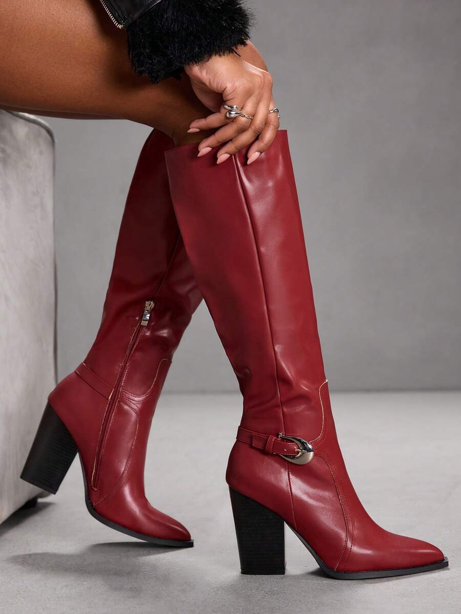 CUCCOO SZL 女士尖头搭扣设计时尚优雅高跟过膝长靴 - 酒紅色 - 查看 1