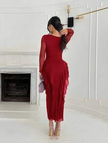 Shopreo Women's Elastic Net Fabric Ruffle Collar Bodycon Dress, Elegant, Long, Spring/Summer - Red - View 2