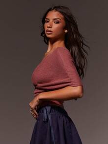 Athîral Off Shoulder Wrap Front Ruched Top With Deep V Neckline And Twisted Detail For Fall Winter - Red - View 6