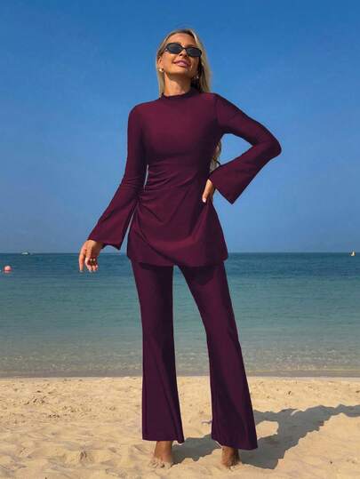 Swim Mulvari Women's New Solid Color Summer 2-Piece Set High Neck Long Sleeve Ruched Flare Sleeve Cinched Waist Swimsuit, Conservative Beach Cover Up