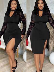 Slaydiva Plus Size Women's Elegant Black Autumn Formal Bodycon Dress,Long Lace Sleeve Evening Night Out Club Outfit,Vintage Solid Cocktail Party Gown - Black - View 12