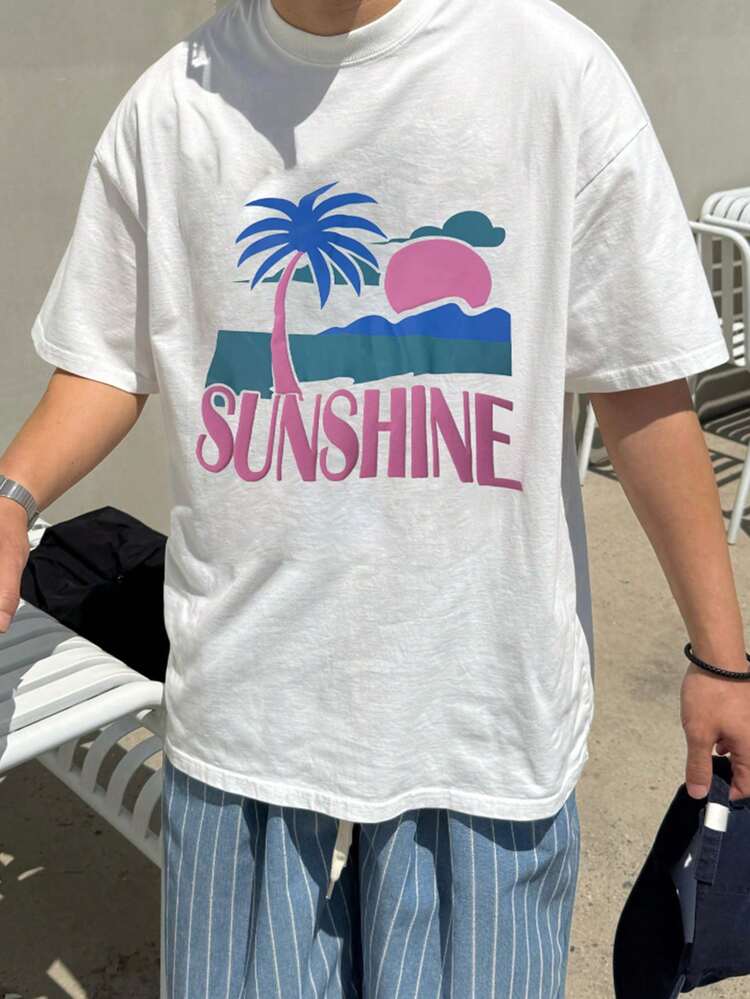 Summer Letter Graphic Print Foaming White Round Neck Men T-Shirt