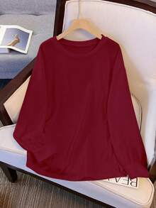 GlowEve CURVE Plus Size Solid Color Crew Neck Casual Sweatshirt - Burgundy - View 3