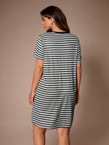 Lazeform Áo ngủ tay ngắn cổ tròn in sọc, cỡ lớn, thích hợp cho mùa xuân/hè. - Nhiều màu - Xem 2