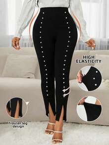 SHEIN Lady Leggings de mujer con decoración de perlas y alta elasticidad - Negro - Ver 7