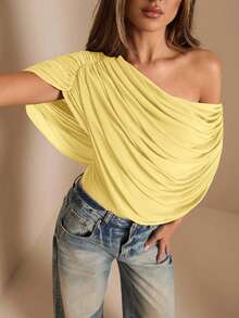 SHEIN BAE 秋冬季纯色棕色/咖啡色露肩褶皱连体衣，修身优雅连体衣，垂褶上衣 - 黃色 - 查看 3