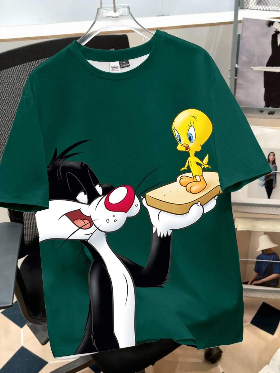 Looney Tunes X Manfinity Manfinity Joysei Camiseta de manga corta holgada de cuello redondo con estampado de dibujos animados para hombre - Verde Oscuro - Ver 1