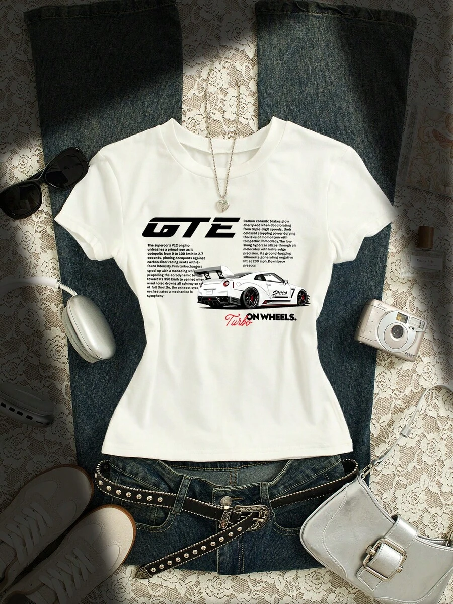 Glimmora Women's Slogan & Racing Car Print Short Sleeve Casual Round Neck T-Shirt - White - View 1