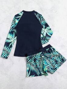 Swim SPRTY 熱帶圖案坦基尼套裝長袖高領T恤和短褲2入組防曬衣泳衣