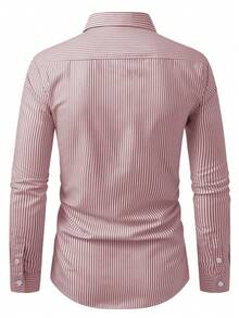 Manfinity Mode Camisa casual/de oficina de manga larga con bolsillo y de corte recto a rayas para hombres - Rojo y blanco - Ver 2