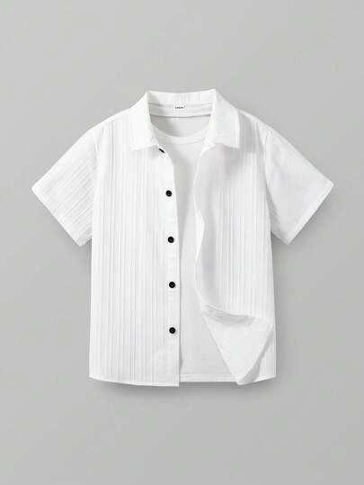 SHEIN Tween Boys' Casual Everyday Comfortable Solid Color Turndown Collar Short Sleeve Open Front Loose Shirt, Suitable For School, Garden, Beach, Birthday, Fall & Winter Seasons