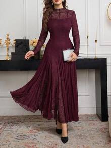 Modelyn Elegant High-End Black Lace Flowy Dress, Spring/Summer - Red Violet - View 8