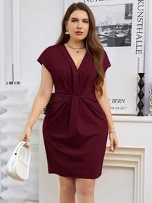 SHEIN Clasi Plus Size Women V-Neck Cap Sleeve Elegant Sheath Dress - Maroon - View 7