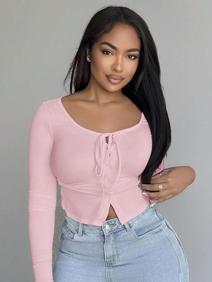 Alexandranx Sexy Solid Color Knitted Elastic Round Neck Tie Decor Long Sleeve Bodycon Snap Button Decorated Casual Women T-Shirt Fall Cloth For Women - Baby Pink - View 1