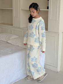 DAZY 2 Stücke Tween Mädchen Blumen Strick Loose Langarm Oberteil und Hose Set, Herbst/Winter Pyjamas für Tween Mädchen Frühling - Beige - Übersicht 3
