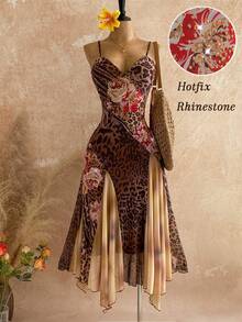 Soleia 新款休闲度假西部海滩婚礼宾客服装毕业早午餐女式连衣裙，优雅波西米亚热带不对称针织网眼棕色玫瑰豹纹连衣裙，适合圣帕特里克节、春假、复活节、音乐节 - 棕色 - 查看 1