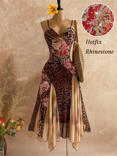 Soleia New Casual Vacation Western Beach Wedding Guest Attire Graduation Brunch Women's Dress, Elegant Bohemian Tropical Asymmetric Knit Mesh Brown Rose Leopard Print Dress, Suitable For St. Patrick's Day, Spring Break, Easter, Music Festivals