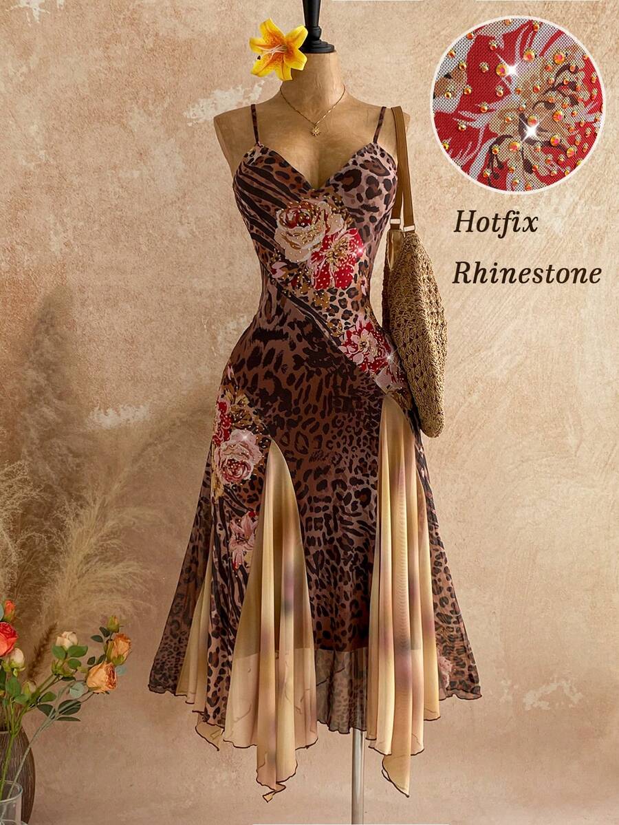 Soleia 新款休闲度假西部海滩婚礼宾客服装毕业早午餐女式连衣裙，优雅波西米亚热带不对称针织网眼棕色玫瑰豹纹连衣裙，适合圣帕特里克节、春假、复活节、音乐节 - 棕色 - 查看 1