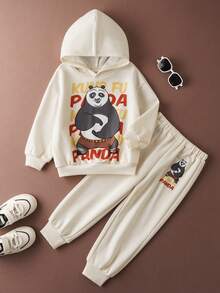 SHEIN Kung Fu Panda Young Boy Casual Cartoon Panda Letter Print Dropped Shoulder Loose Hoodie And Sweatpants Set, Suitable For Spring And Autumn - Apricot - View 1
