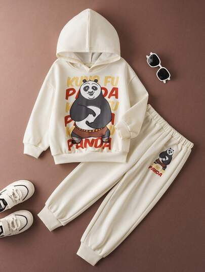 SHEIN Kung Fu Panda Young Boy Casual Cartoon Panda Letter Print Dropped Shoulder Loose Hoodie And Sweatpants Set, Suitable For Spring And Autumn