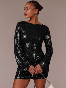 Athîral 女士纯色船领长袖亮片装饰时尚白色百搭修身迷你连衣裙，适合舞会、晚宴等场合。 - 黑色 - 查看 4