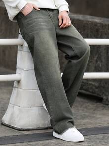 Manfinity Homme Men's Pocket Button Casual Versatile Commuting Loose Fit Jeans - Dark Green - View 7