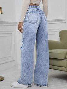 SHEIN Teen Girl Spring Summer Light Washed Blue Distressed Loose Low Waist Baggy Straight Jeans,Casual Baggy Boyfriend Jeans,Basic Simple Denim Loose Jeans,Dailywear Spring And Summer Rave Festival And Streetwear - Light Wash - View 2
