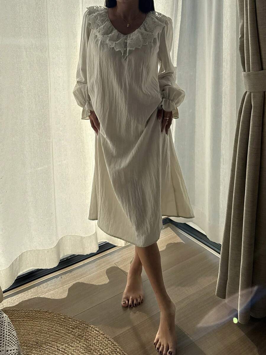 DAZY Loose Fit Long Lace Trim Nightgown For Women - Green - View 1