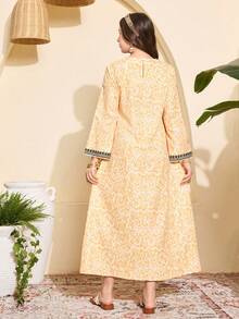 Teen GirlMiddle Eastern Style Printed Dress, Gold Patterned With Black Lace Print, Suitable For Spring/Autumn Everyday Wear - Yellow - View 2