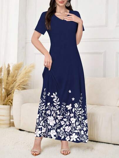 Al Najma Vestido de punto con estampado floral de cuello en V y manga corta para mujer, adecuado para usar como prenda exterior o interior/vestido de trabajo, apropiado para citas, vacaciones, uso diario, casual, fiestas, vacaciones, vestido, vestido largo de mujer para otoño/invierno, vestido fluido, vestido con estampado botánico, vestido azul