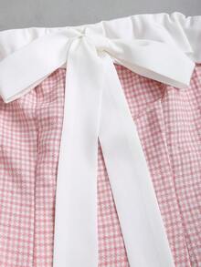 Sweetra 秋冬新款复古性感修身蝴蝶结撞色千鸟格休闲舒适摆裙，棕色 - 粉色 - 查看 4