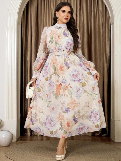 Veilorie Vestido midi elegante de talla grande con estampado floral, adecuado para ir al trabajo