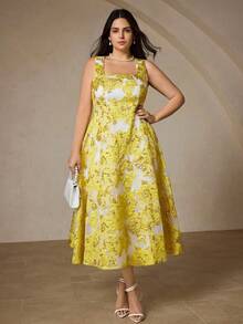 BELROSIE Elegant Sleeveless Dress With Square Neckline, Gold Foil Floral Print Fabric, Fitted Waist, Suitable For Wedding Season, Plus Size - Yellow - View 3