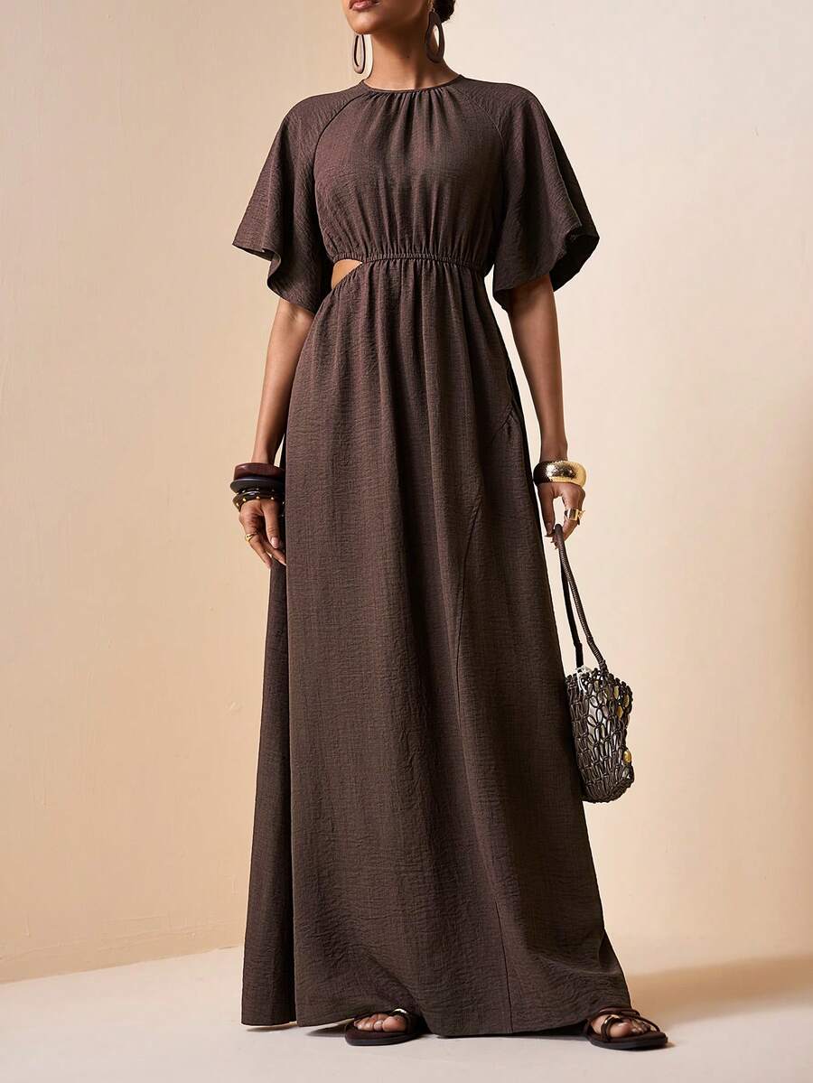 Zivah 2026春夏新款音乐节、复活节、圣帕特里克节、情人节、约会、西部风、游牧风、生日派对、毕业典礼、大学、学生、日常穿着、百搭基础款、休闲、度假、邮轮旅行、海滩、日光浴、爆款、街头风、婚礼宾客波西米亚风、通勤、早午餐、机场、派对、假日郊游、办公室穿着宽松圆领短袖荷叶边腰部镂空长款亚麻纹理棕色连衣裙